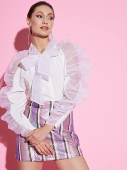 AAREIN - White Tie-Up Neck Puff Sleeves Power Shoulders Scuba Top