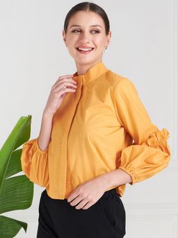 AAREIN - Immutable Yellow Mandarin Collar Puff Sleeves Cotton Shirt Style Top