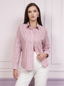 AAREIN - Vertical Stripes Cotton Casual Pink Shirt