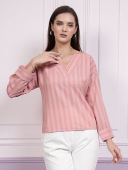AAREIN - Immutable Stripes V-Neck Cuffed Sleeves Pink Regular Top
