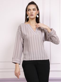 AAREIN - Immutable Vertical Stripes V-Neck Cuffed Sleeves Grey Regular Top