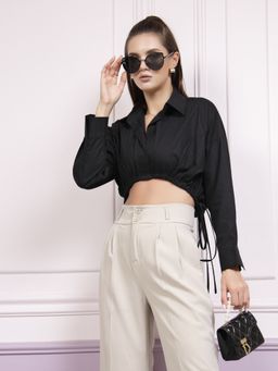 AAREIN - Drop Shoulder Sleeves Cotton Black Crop Top