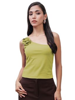 AAREIN - One Shoulder Scuba Corsage Green Top