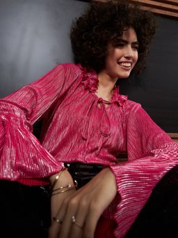 AAREIN - Bell Sleeve Tie-Up Neck Gathered Pink Top