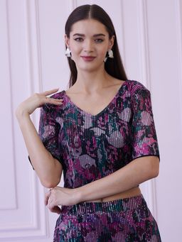 AAREIN - Floral Embellished Sequinned Fitted Multi-Color Crop Top