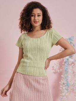 AAREIN - Green Round Neck Short Sleeves Textured Top