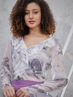 AAREIN - Grey Floral Printed V-Neck Ruffles Georgette Blouson Top
