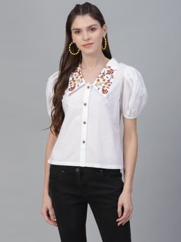 AAREIN - White Puff Sleeves Embroidered Shirt