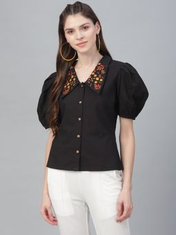 AAREIN - Black Puff Sleeves Embroidered Shirt