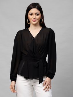 AAREIN - Women Black Solid Wrap Top