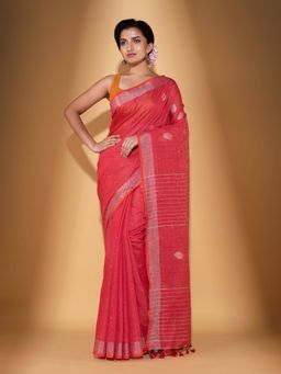 Beatitude - Red Blended Cotton Woven Saree with Unstitched Blouse