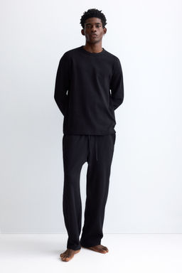 H&M - Men Black Waffled Cotton Pyjama Top And Bottoms