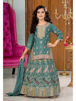 Lagorii - Embroidered Lehenga with Kurta and Dupatta - Green