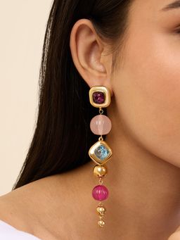 Isharya - Long Pink & Aqua Danglers in 18Kt Gold Plated Earrings