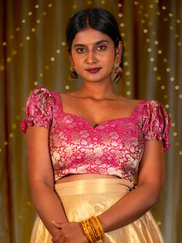 I LOVE SAREES - Pink Puff Sleeve Readymade Banarasi Stitched Blouse