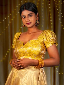 I LOVE SAREES - Yellow Puff Sleeve Readymade Banarasi Stitched Blouse