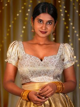 I LOVE SAREES - White Puff Sleeve Readymade Banarasi Stitched Blouse