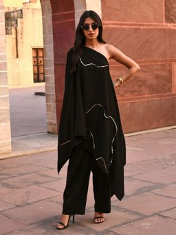 Gulaal - Tiana Black One Shoulder Kaftan-Pant (Set of 2)