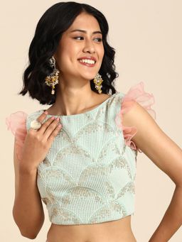 Ethnovog - Ready To Wear Green Georgette Sequins Embellished Blouse