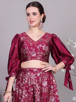 Ethnovog - Ready To Wear Chic Wine Embellished Gathered Sleeve Style Blouse