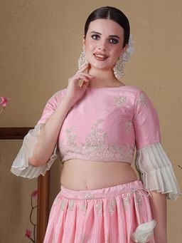 Ethnovog - Ready To Wear Pink Chinon Embroidery N Sea Green Organza Blouse
