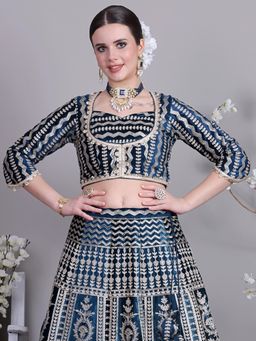 Ethnovog - Ready To Wear Chic Teal Blue Velvet Embellished Blouse