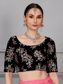 Ethnovog - Ready To Wear Navy Blue Velvet Embroidered Blouse