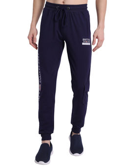AM SWAN - Cotton Rich Lycra Cargo Printed Joggers In Navy Blue