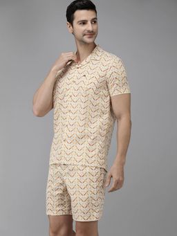 The Bear House - Men Beige & Orange Geometric Printed Pure Cotton Co-ord Beige (Set of 2)