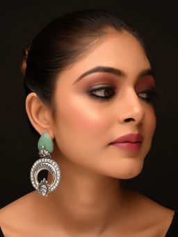 AG'S - Mayura Mint Green Stone Temple Silver Plated Boutique Earrings