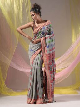 CHARUKRITI - Grey Silk Matka Soft Nakshi Pallu Saree with Unstitched Blouse