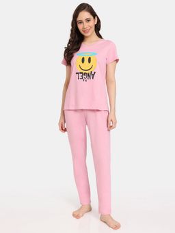 Zivame - Rosaline Emoji Knit Cotton T-Shirt and Pyjama Pink Nectar (Set of 2)