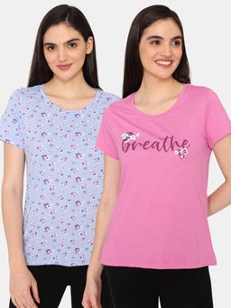 Zivame - Rosaline Bloom Fest Knit Cotton T-Shirts Blue Pink (Pack of 2)