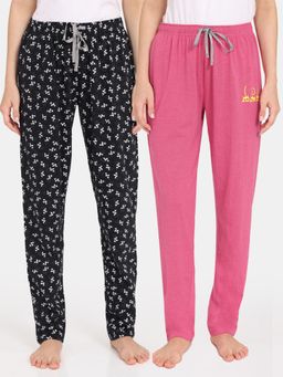 Zivame - Rosaline Bloom Fest Knit Cotton Pyjama Black Pink (Pack of 2)