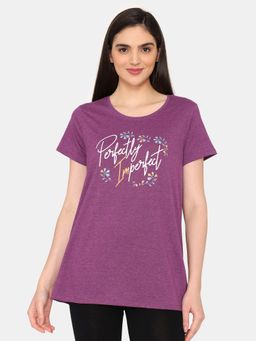 Zivame - Rosaline Bloom Fest Knit Cotton T-Shirt Plum Caspia