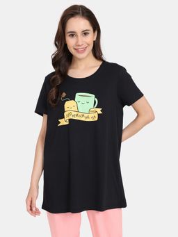 Zivame - Rosaline Bloom Fest Knit Cotton T-Shirt Black Beauty