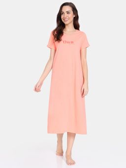 Zivame - Peeking Barks Knit Cotton Mid Length Nightdress Peach Nector