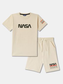 R&B - Beige Graphic Relaxed Boys Sleepwear T-Shirt And Shorts