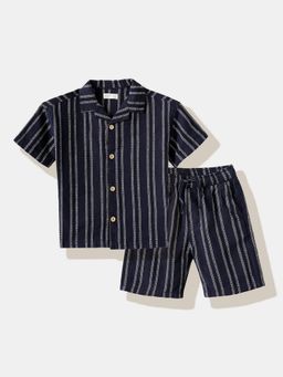 R&B - Navy Blue Stripes Regular Boys Shirt With Shorts