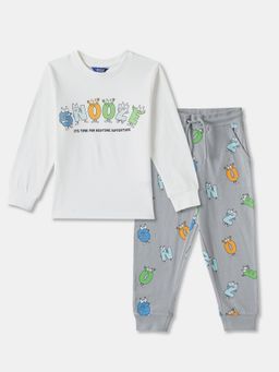 R&B - White Printed Regular Boys Sleepwear Top And Joggers