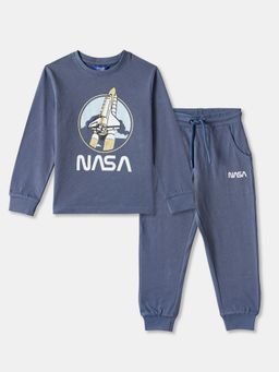 R&B - Blue Printed Regular Boys Sleepwear Top With Joggers