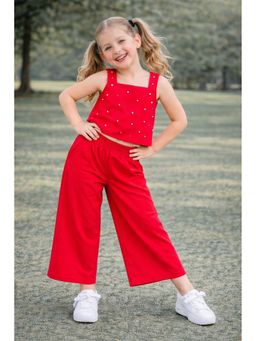 AWW HUNNIE - Red Banana Crape Fabric Sleeveless Pearl Design Co-Ord Set