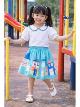 AWW HUNNIE - White Cotton Short Sleeves Top With Printed Skirt
