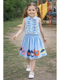 AWW HUNNIE - Sky Blue Poly Cotton Sleeveless Frill Top With Skirt