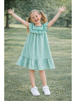 AWW HUNNIE - Green Cotton Sleeveless Striped Lace Detailed Yog Dress