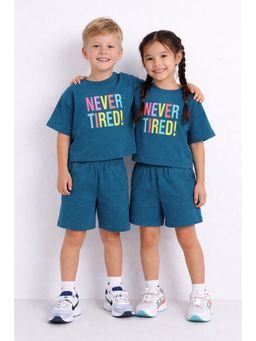 AWW HUNNIE - Unisex Teal Cotton Terry Half Sleeves Loss Fit T-Shirt With Shorts