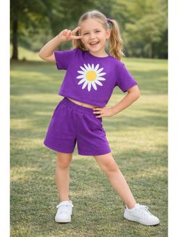 AWW HUNNIE - Purple Cotton Terry Half Sleeves Printed T-Shirt With Shorts