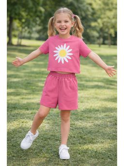 AWW HUNNIE - Pink Cotton Terry Half Sleeves Printed T-Shirt With Shorts