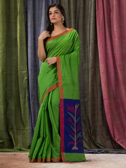 Angoshobha - Green Cotton Blended Traditional Jamdani Saree with Unstitched Blouse