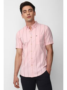 Peter England - Men Pink Slim Fit Stripe Half Sleeves Casual Shirt